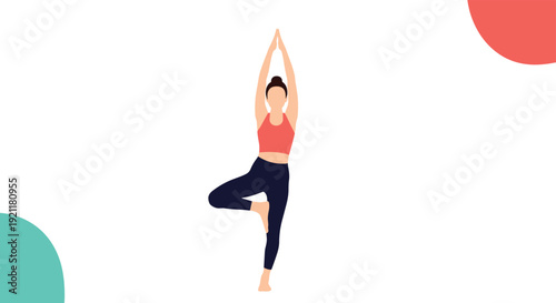Beautiful woman practicing the tree pose during a yoga session on a white background with simple colorful accents.