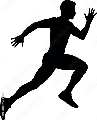 Silhouette of a powerful male athlete sprinting at full speed isolated on white background for sports fitness and dynamic energy.