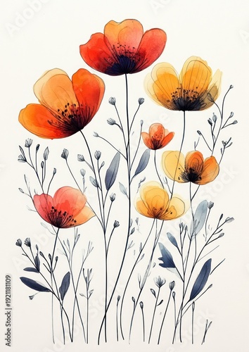 Delicate watercolor bouquet of orange and yellow poppy like flowers with slender stems, gray-blue leaves and tiny buds, evoking a light, serene and cheerful mood