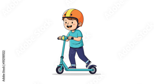Young boy wearing a safety helmet and blue shirt riding a cyan kick scooter with a joyful expression on his face.