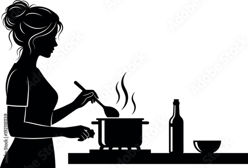 Silhouette of a Young Woman Cooking in Kitchen Stirring Pot on Stove with Wine Bottle and Bowl for Culinary Concept