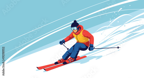 Skilled skier wearing goggles and winter gear sliding down a snowy mountain slope at high speed on bright red skis.