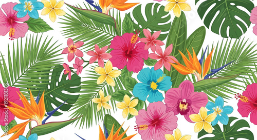 Tropical Flowers and Leaves Pattern Design.