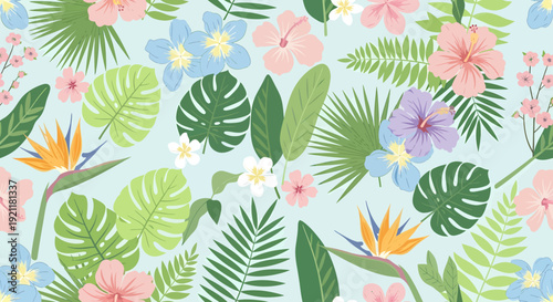Tropical Leaves and Flowers Pattern Design.