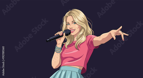 Beautiful blonde female singer holding a microphone and performing a song on stage against a dark purple background.