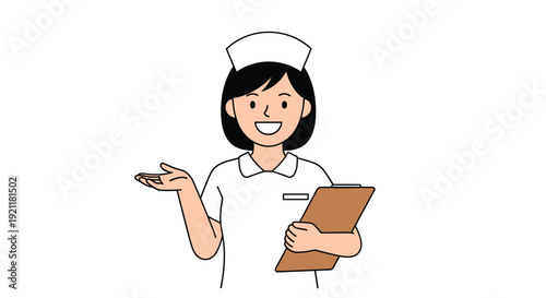 Friendly nurse in a white medical uniform and cap holding a clipboard and gesturing with her hand while smiling.