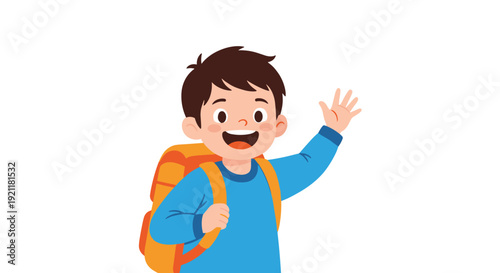 Smiling schoolboy wearing a blue sweater and an orange backpack waving goodbye against a clean white background.