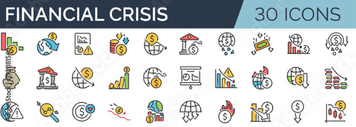 Collection of financial crisis icons representing economic instability and financial loss in a modern digital illustration style
