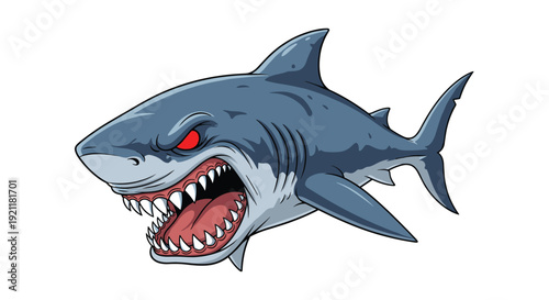 Ferocious shark illustration shows a powerful sea predator with glowing red eyes, sharp teeth, and an aggressive stance against a clean white backdrop.