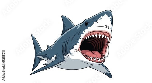 Great white shark drawing captures a massive ocean predator with its jaws wide open, revealing rows of sharp teeth in a dynamic underwater action pose.