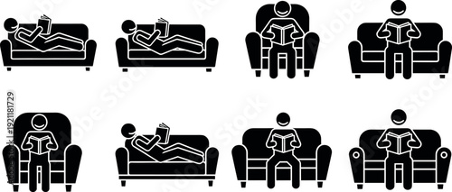 Vector Set of People Relaxing and Reading Books on Various Sofas and Armchairs in Different Comfortable Sitting and Lying Positions