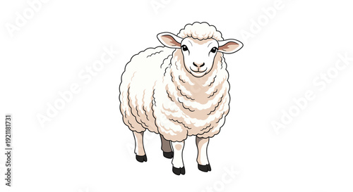 Fluffy white sheep illustration shows a gentle farm animal with curly wool and dark hooves standing calmly on a plain white background for easy use.