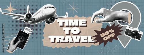 Retro Vintage Pop Art Comic Style Halftone collage Travel Agency Banner Template for summer vacation banner Time to travel banner with airplane, passport, camera, and discount on blue grid background