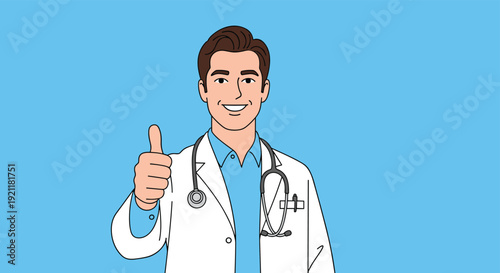 Professional male doctor wearing a white lab coat and stethoscope around his neck gives a confident thumbs up gesture against a solid blue background.