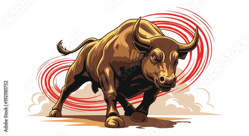 Powerful brown bull with large horns charges forward aggressively amidst red circular motion lines and dust clouds on a clean white background design.