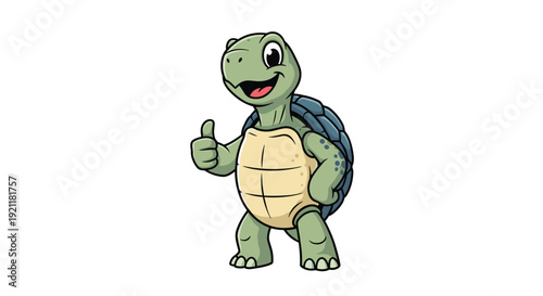 Friendly green turtle character stands on its hind legs and gives a positive thumbs up gesture while smiling broadly in a simple cartoon illustration.