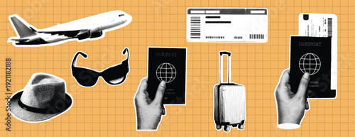 Retro Vintage Pop Art Comic Style Halftone collage paper cutout Travel accessories for summer vacation banner Travel elements collection with airplane, hat, sunglasses, passports, ticket, and luggage