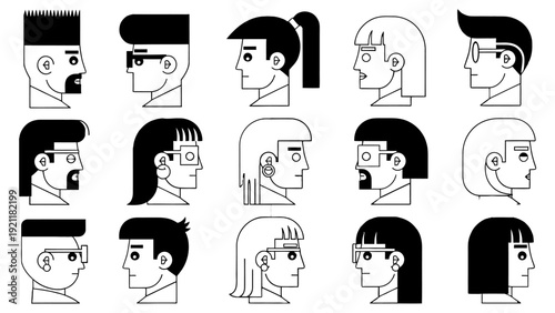 diverse stylized geometric head profiles representing modern human identity and digital concepts for ui ux design and tech branding.