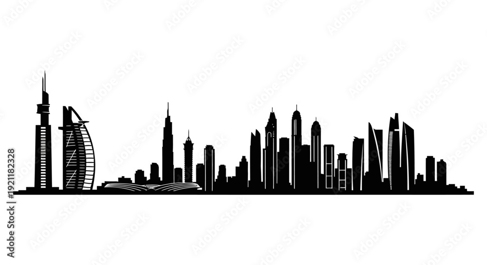 Obraz premium dubai cityscape silhouette featuring iconic burj khalifa and burj al arab ideal for travel and modern urban design.