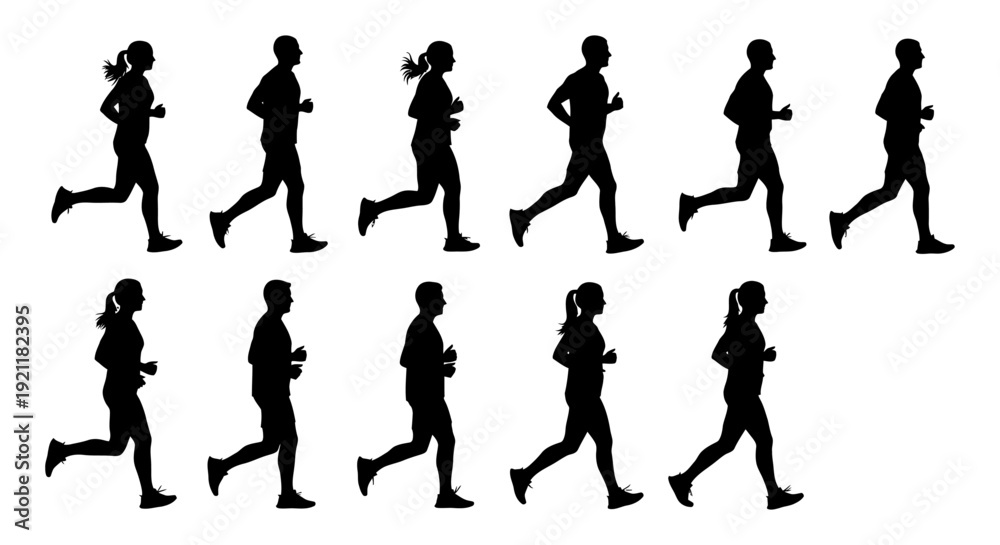 Fototapeta premium dynamic running silhouettes of diverse male and female athletes jogging representing fitness active lifestyle and healthy physical activity.