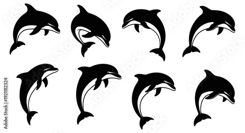 dolphin silhouettes leaping and swimming symbolizing marine freedom agility ideal for graphic design logos and education.