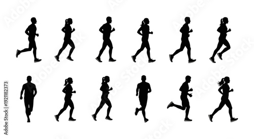 dynamic running people silhouettes male and female depicted in various action poses against a clean white background ideal for fitness sports and active lifestyle content.