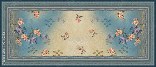 Elegant Floral Suit and Dupatta Fabric Design with Ornamental Border on Pastel Background.