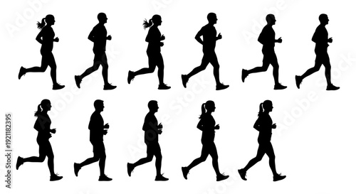 dynamic running silhouettes of diverse male and female athletes jogging representing fitness active lifestyle and healthy physical activity.
