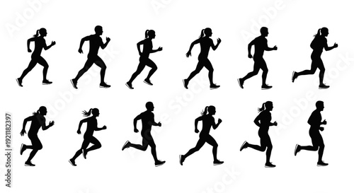 dynamic running silhouettes of diverse men and women showcasing fitness endurance active lifestyle ideal for sports design and workout inspiration.