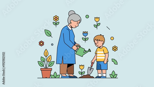 elderly woman and young boy gardening watering plants and digging soil fostering intergenerational connection and a love for nature.