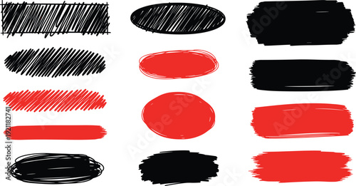A collection of 12 abstract brush stroke shapes in black and red on a white background for artistic design and creative projects
