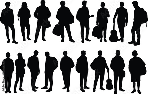 Set of young musicians silhouettes with guitars and bags, black people figures isolated on white background illustration collection