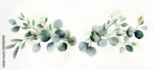 Two watercolor eucalyptus branches with soft bluish-green round leaves and slender stems on a white background, conveying serene fresh botanical calm