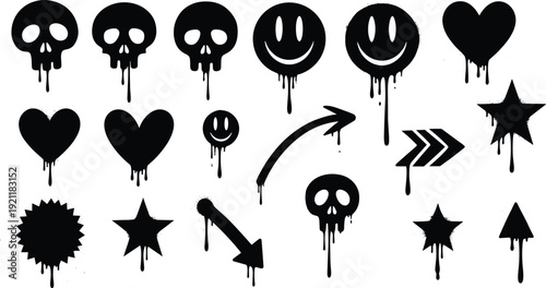A collection of black silhouette icons featuring skulls hearts smiley faces stars and arrows on a white background with a graffiti style