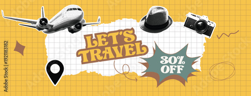 Retro Vintage Pop Art Comic Style Halftone collage Travel Agency Banner Template for summer vacation banner Retro travel advertising banner with airplane, hat, camera, and discount offer