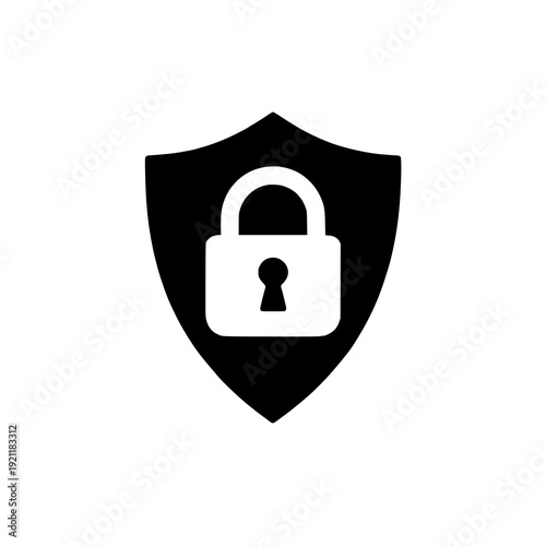 A sleek black shield icon featuring a white lock symbol for security representation