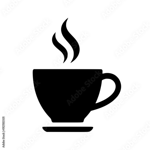 A sleek black and white illustration of a steaming coffee cup with a saucer underneath