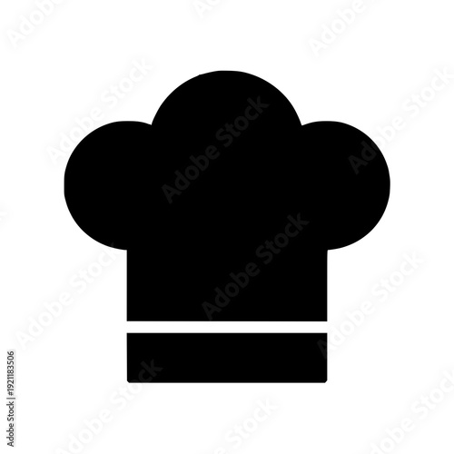 A classic black and white illustration of a chef's hat with a flat brim