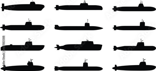 Submarine silhouettes collection, military naval underwater vessels in side view isolated black vector set on white background