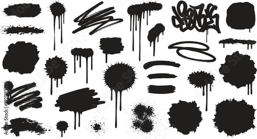 A collection of black ink brush strokes and splatters on a white background for artistic design