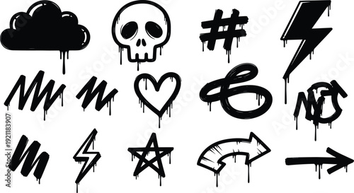 Collection of 12 graffiti style symbols and icons including skulls and lightning bolts