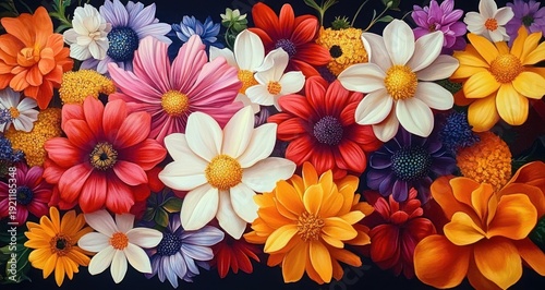 vibrant assortment of colorful daisy-like blooms and lush petals on a dark background conveying cheerful joyful energy