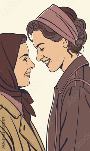 Two women in headscarves smiling at each other closeup side profile warm colors.