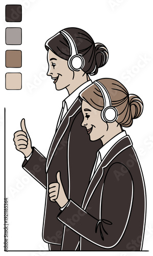 Two women in business suits and headphones give a thumbsup illustrating excellent customer service and support.