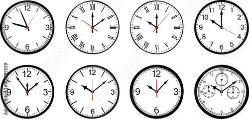 Eight distinct clock faces, featuring both Arabic and Roman numerals, illustrating the universal concept of time measurement and its diverse representations.
