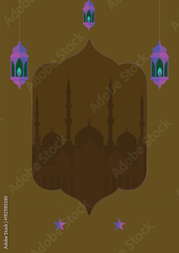 Abstract Islamic brown background with mosque ornaments and lights