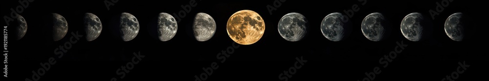 Obraz premium row of lunar phases across a black sky with a glowing golden full moon in the center surrounded by dim silver crescent and gibbous moons, serene and mysterious mood