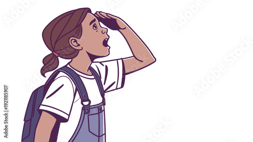 Young girl with backpack looking up and shading eyes curious and observant.