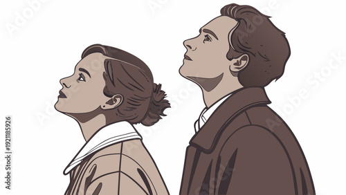 Young man and woman looking up with curiosity and wonder.