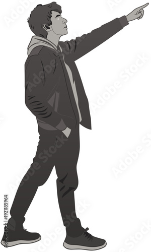 Young man looking up with hand pointing in the distance.